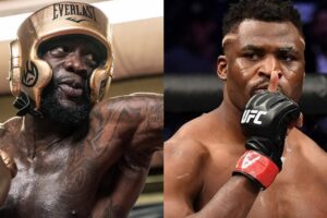 Francis Ngannou et Deontay Wilder dans une cage de MMA