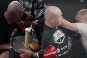 Combattants de kickboxing se goinfrent de fast food en plein combat