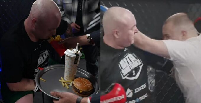 Combattants de kickboxing se goinfrent de fast food en plein combat